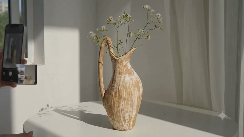 Vaso in Ceramica Effetto Legno SYLVA - Design Country Cottage con Manico Decorativo 24cm